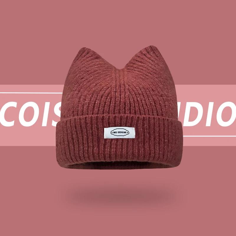 Korean Version New Cute Cat Ear Letter Patch Knitted Hat Women's Autumn and Winter Thickened Warm Versatile Simple Beanie Cap