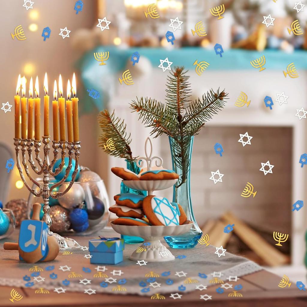 Whaline 300Pcs Hanukkah Table Confetti Menorah Star Dreidel Shaped Glitter Confetti Blue Gold Silver Table Centerpiece For Chanukah Party Decoration