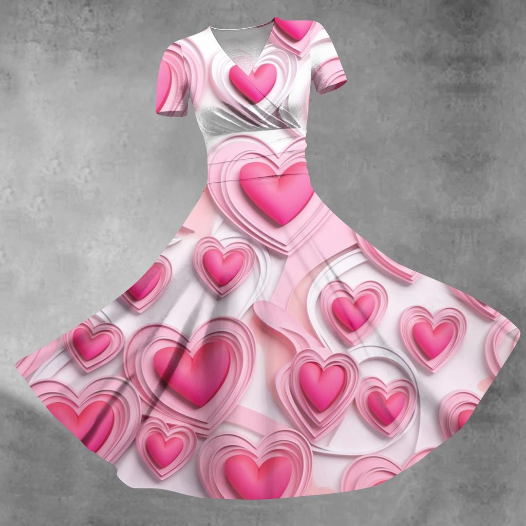 Women's Princess Dress Sexy V-neck Valentine's Day Print Waist Pull Pleated Short Sleeve Dress