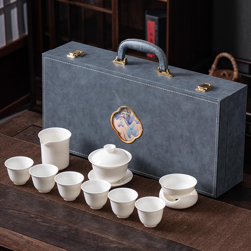 Jiang Taihui Suet Jade Kung Fu Tea Set Ceramic Set Gift Box Set Gift Sancai Cover Bowl Set 1