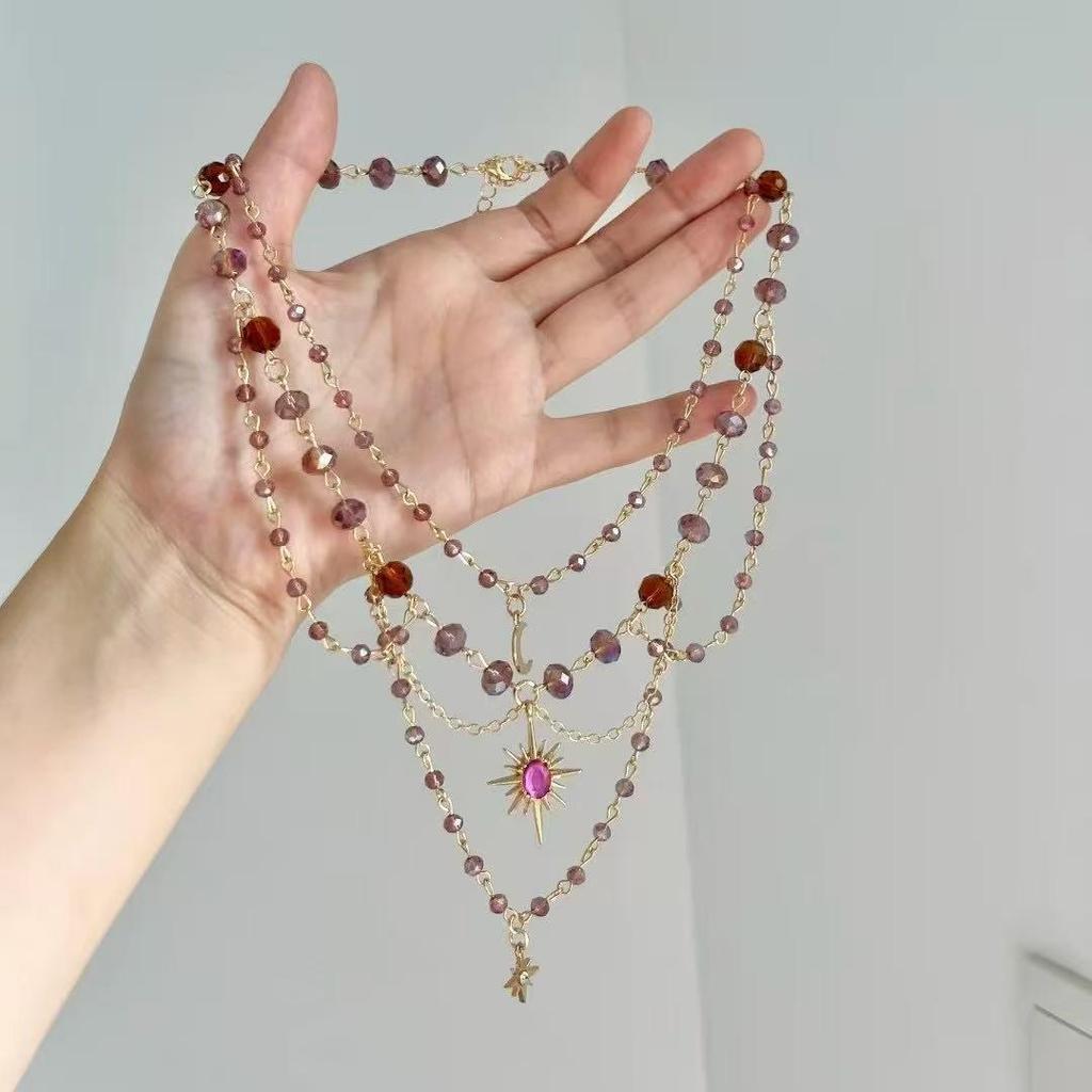 European & American Sweet Style Multi-Layer Necklace with Moon Tassel Pendant and Crystal Beaded Clavicle Chain