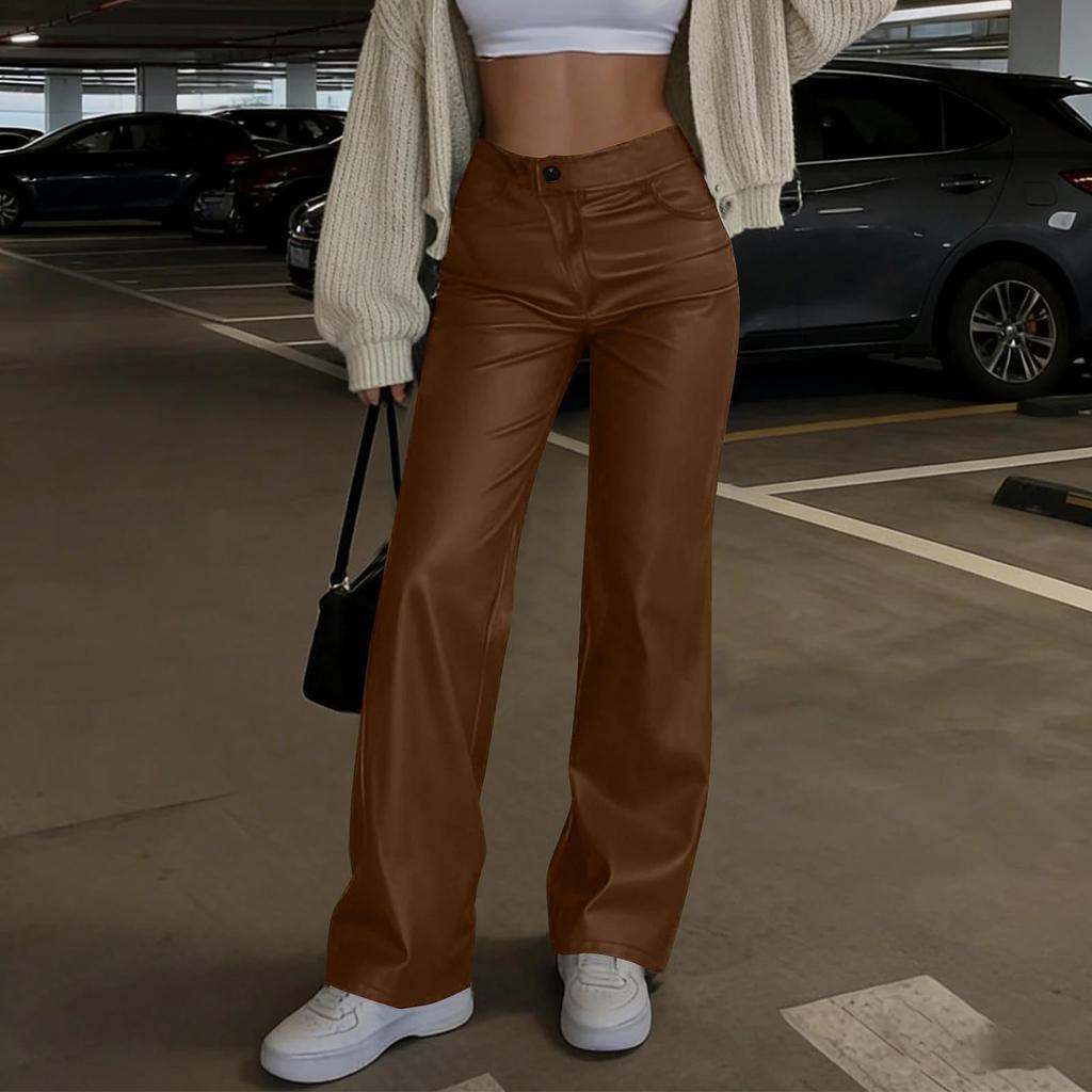 Women's Leather Pants High Waist Straight Leather Pants Pocket Elastic Pu Frosted Casual Pants