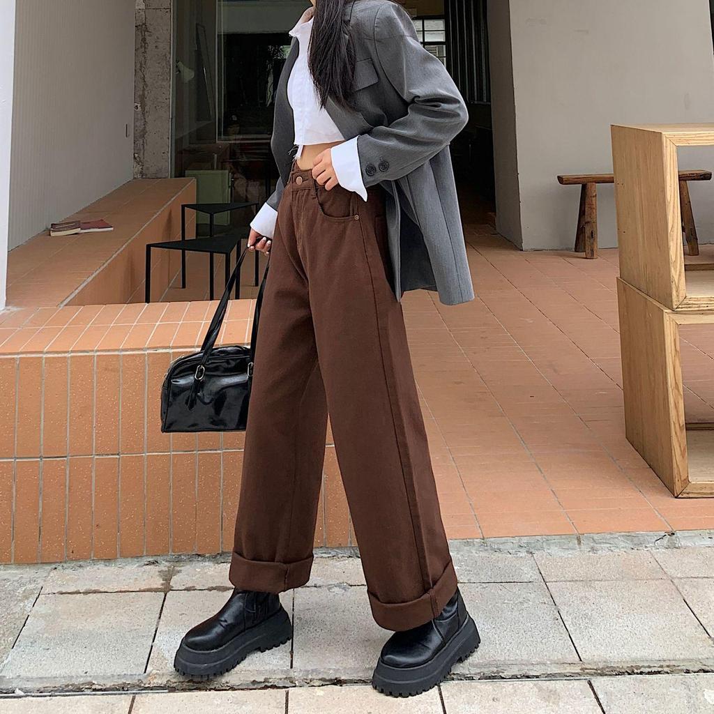 Autumn Korean Coffee Wide Leg Jeans: Women's High Waist, Slimming, Floor-Length Pants