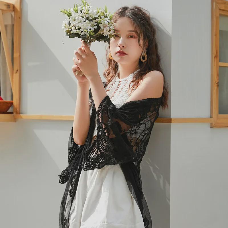 Women's Plus Size Black Lace Hollow-Out Mid-Length Summer Cardigan