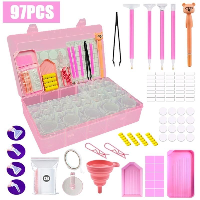 97Pcs Diamond Painting Tools Kit with 28-Bottle Storage Box, 5D Diamond Embroidery Accessories Set, Pens, Tweezers, Trays, DIY Diamond Art Supplies