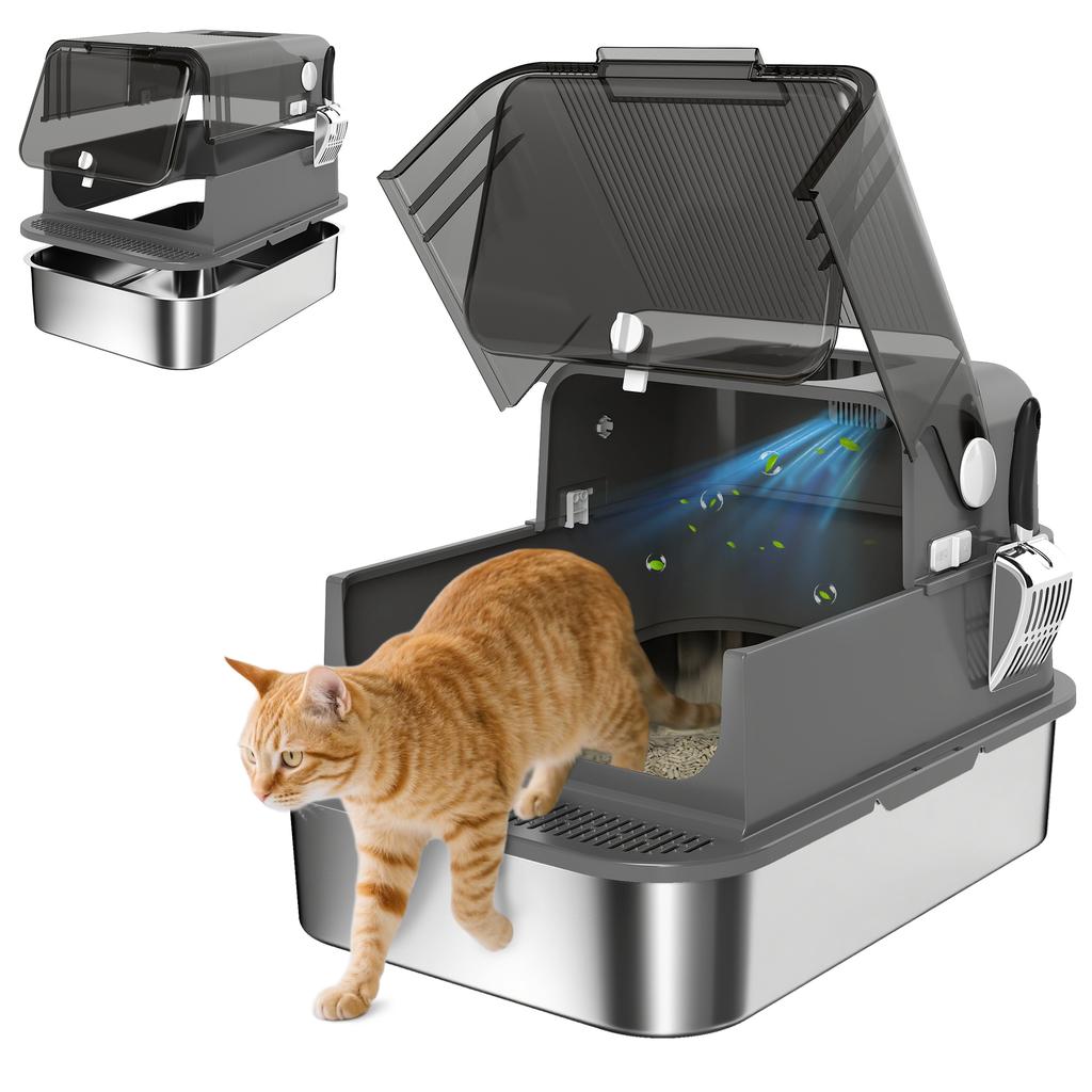 Lettiera per Gatti in Acciaio Inossidabile con Coperchio XXL 72L per Gatti Grandi e Multipli con Doppia Porta, Paletta, Pedale, Anti-Perdita