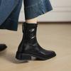 New Women's Leather Boots Solid Color Low Heel Versatile Square and Large Size Women's Boots Rear Zipper Rubber Sole Autumn and Winter Boots