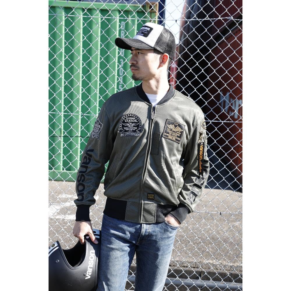 Vanson Men's MA-1 Mesh Jacket, Khaki/Black