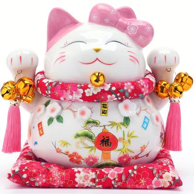 EnergyPower Maneki Neko Premium White Porcelain Sho Chiku Plum Large Size with Cushion Piggy Bank Porcelain Luck Luck Manekineko Hand Painted Handmade
