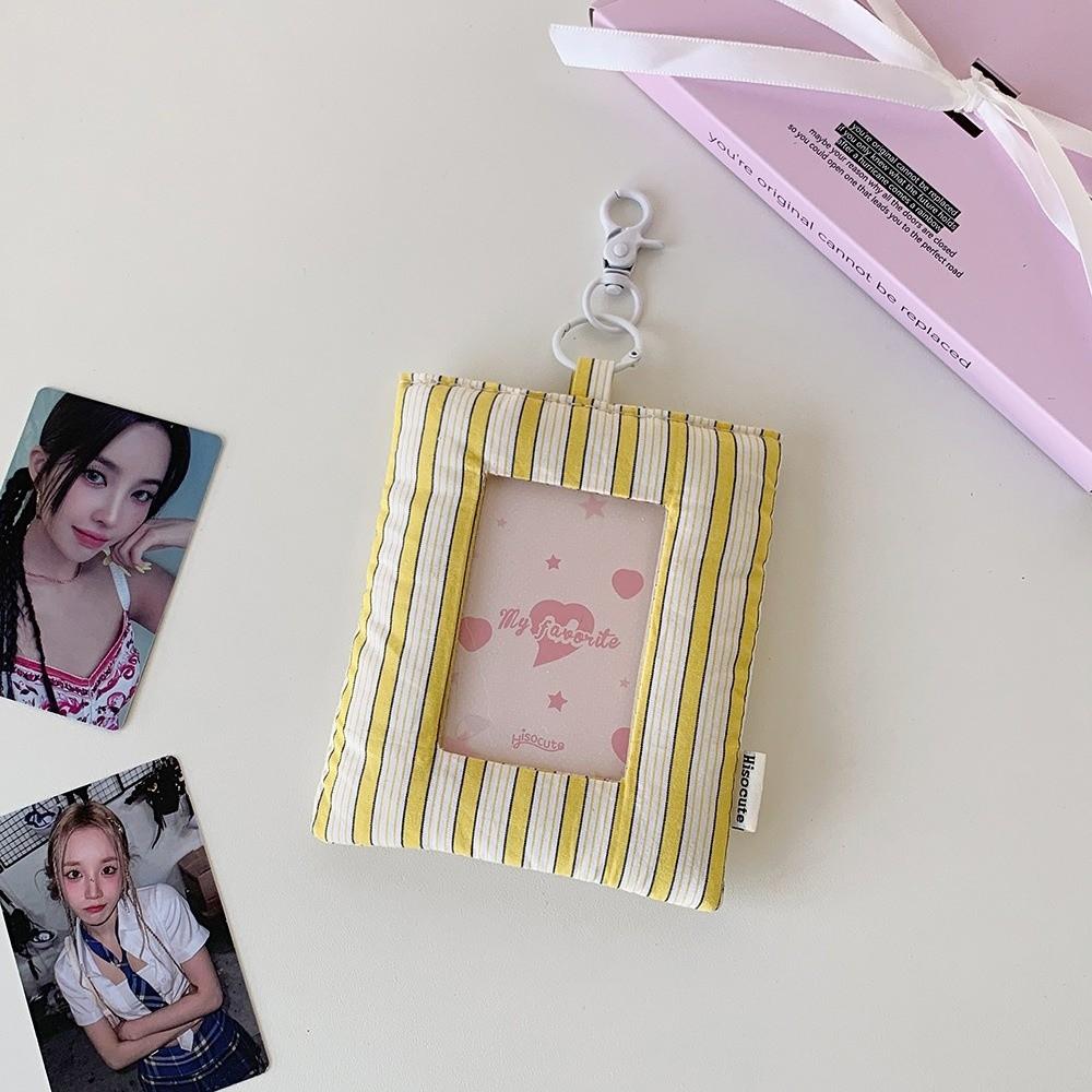 Pillow Shape Photocard Holder Keychain Striped Heart Hanging Decoration Campus Card Protective Cover Idol Card Display Protector