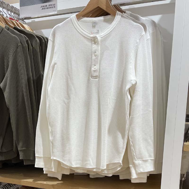Men Women Long Sleeve Pullover T Shirt Waffle Knit Henley Neck