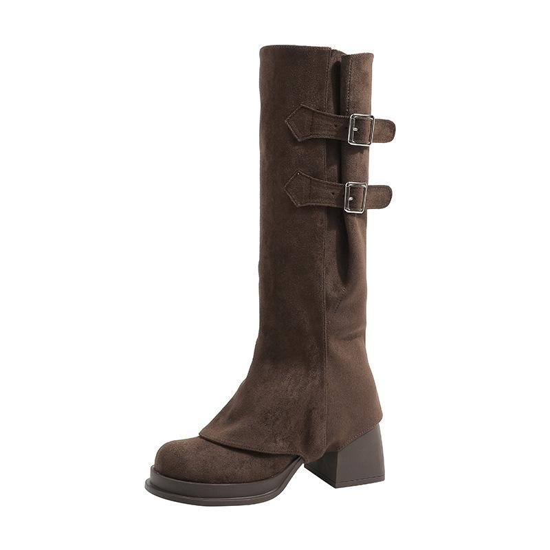 Cowhide~ Autumn and winter tall boots, genuine leather, two wear removable retro high-heeled boots, thick-soled thick-heeled trousers, women's boots