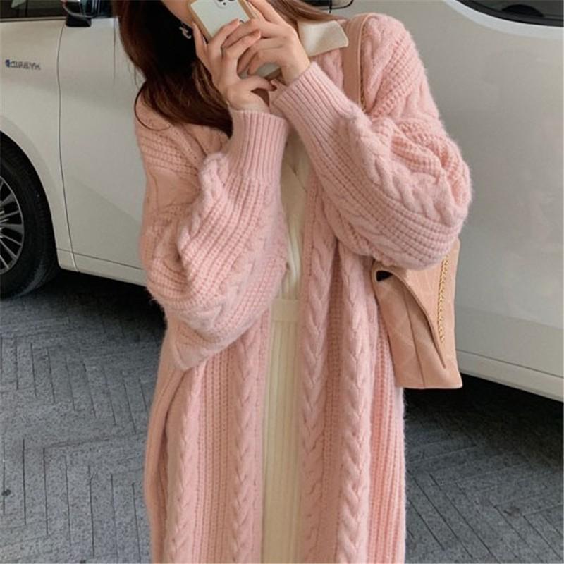 Autumn and winter new outer wear knitted cardigan retro fashion simple thickened loose twist long women's sweater jacket women