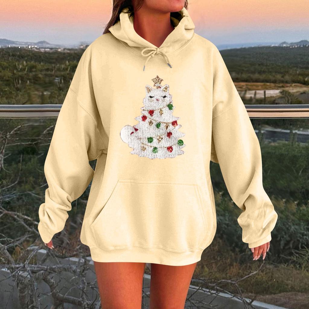 Ladies Fashion Casual Long Sleeve Printed Round Neck Hoodie Pullover Top With  Pockets