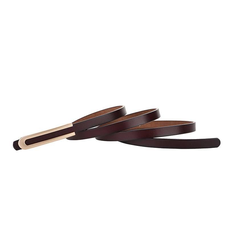 Genuine Leather Thin Waist Belt For Women With Alloy Buckle And Bright Finish For Casual Dresses