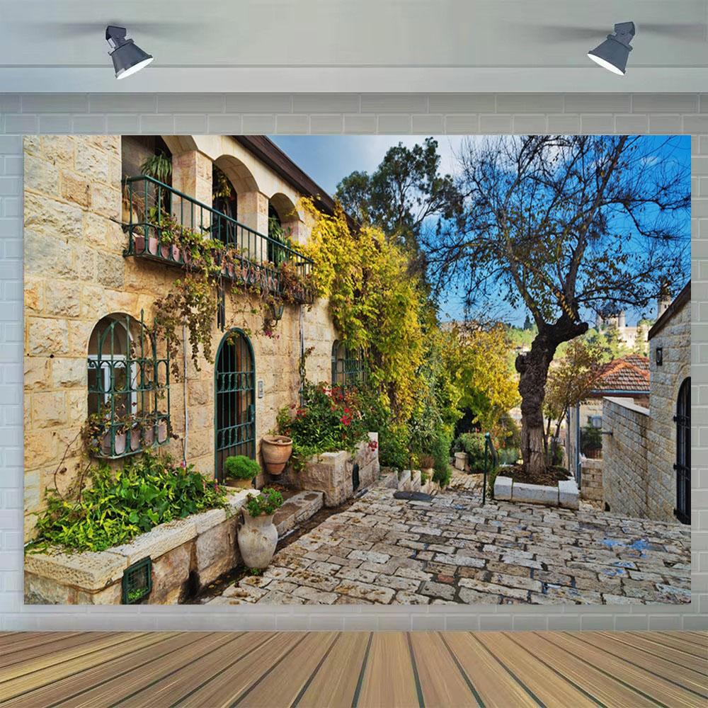Jerusalem Old City House Narrow Street Backdrop Spring Background for Photography Wedding Party Decoration Judaism Event Banner