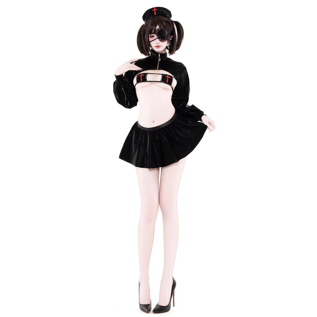 Sexy Nurse Cosplay Devil Set Bikini Mini Erotic Nurse Erotic Cute Mini Length Perfect for Halloween and Black [SENMHS] 5-Piece [Eye Mask, Hat, Top,