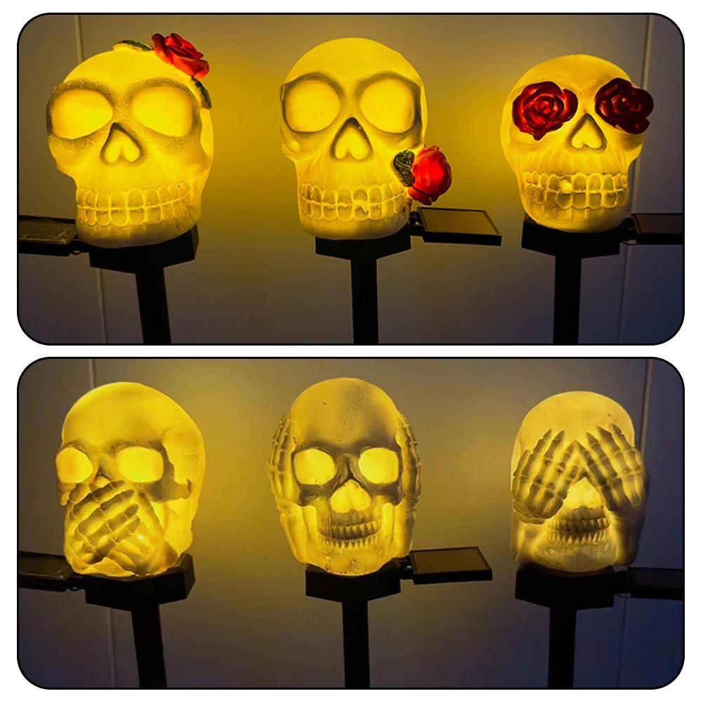 Halloween Skull Head Decor Lawn Lamp Outdoor Garden Yard Solar Powered Pathway Atmosphere Light String Lantern Holiday Party
