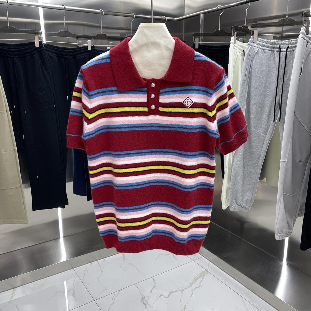 Summer Unisex Color Block Striped Knit Wool Polo Shirt - Short Sleeve