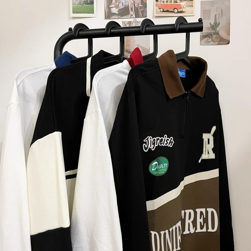 American Style Patchwork Sweatshirt Couple Casual Loose Half Zip Polo Top Trendy BF Fit