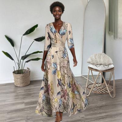 Women Maxi Dress V-Neck Half Waist Long Sleeve High Dress Floral Print