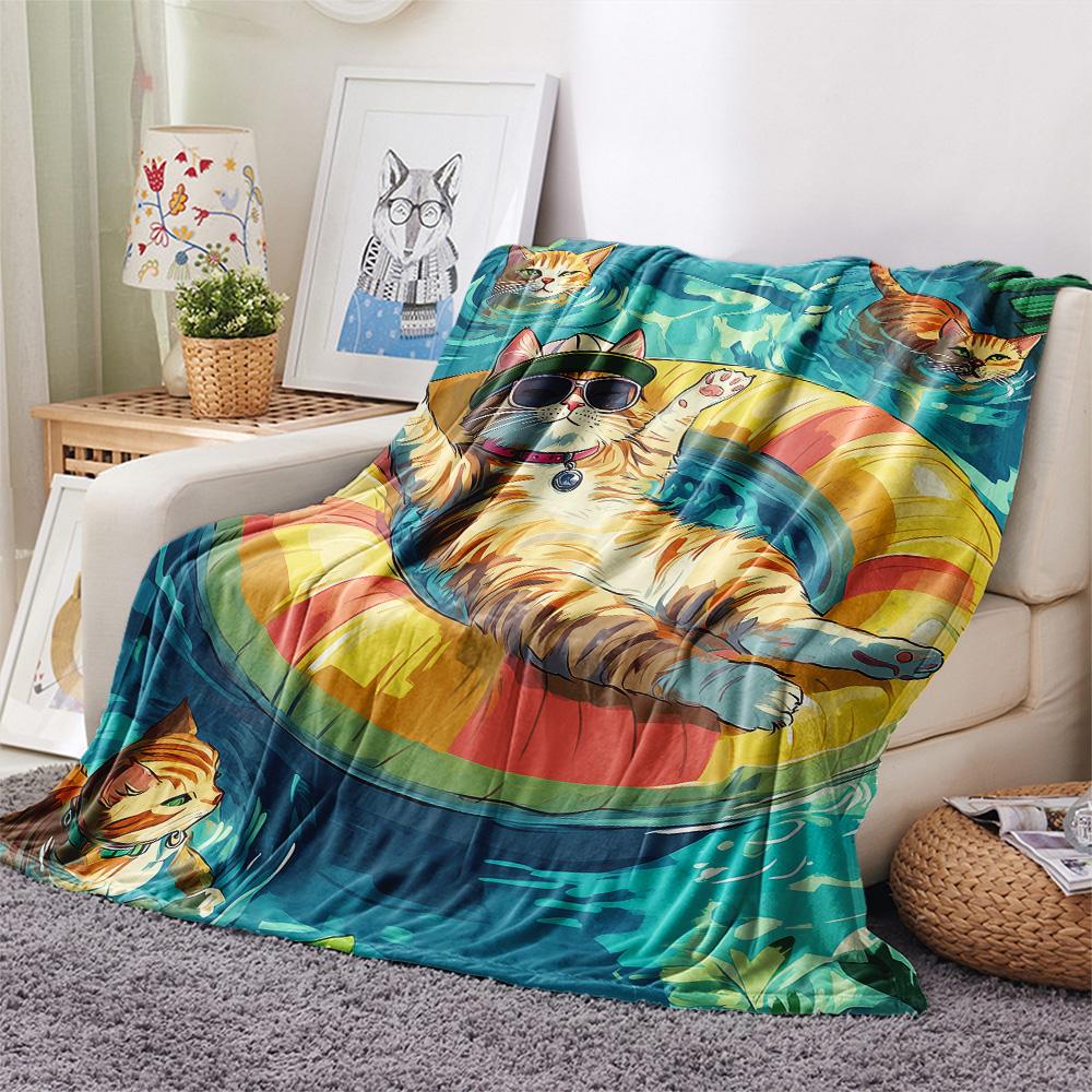 Cats with Swim Rings  Print Flannel Blanket, High quality Comfortable for All Seasons, Home Decor, Warmth and Comfort