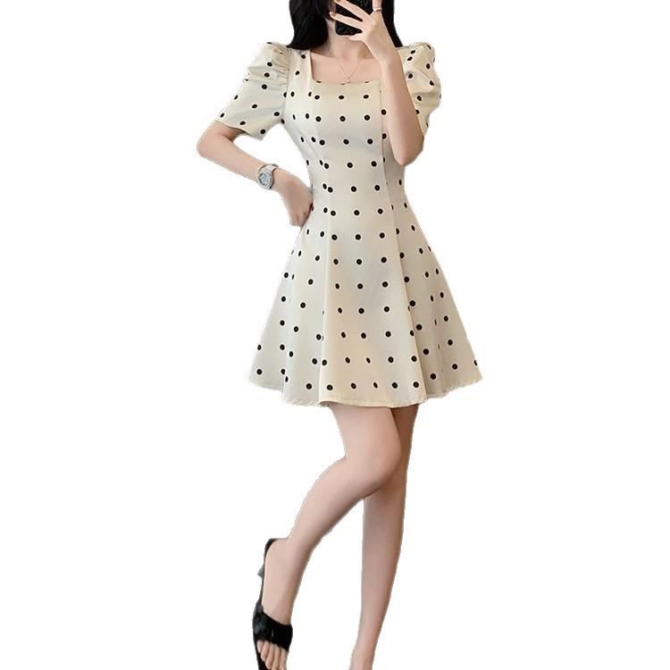 French Polka Dot Square Neck Dress - 2025 Summer Socialite Style with Waist-Cinching Slimming Fit