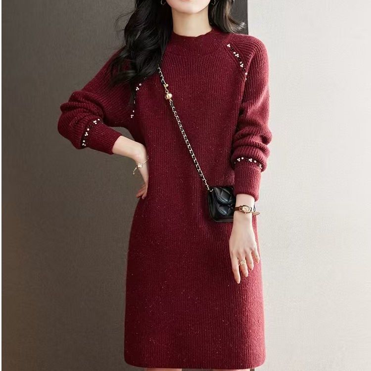 Pletené šaty pro ženy velkých velikostí Volný svetr střední délky s dlouhým rukávem Jednobarevný ležérní pulovr