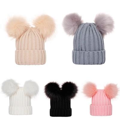 Boy Girl Beanie Solid Color Fashion New Keep Warm Stripe Casual Crimping Double Pompom Hat Winter Hat