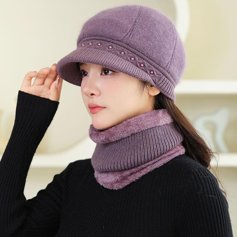 Middle-aged and old plush warm rabbit plush cap lady mother fashion cold-proof knitted hat outdoor wool hat