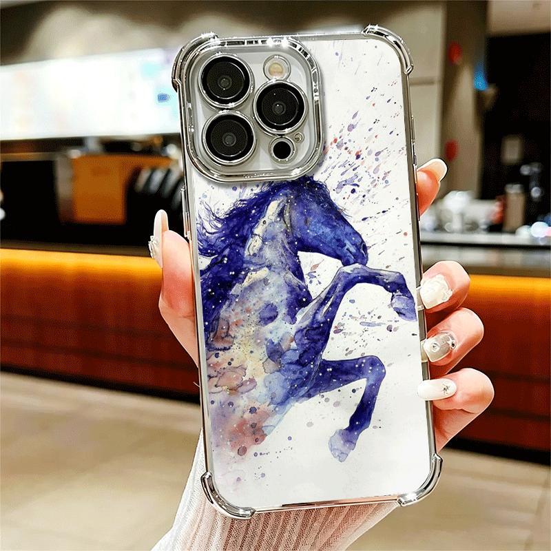 

Oil Painting Horse Plating Phone Case For Iphone 16 17 Pro Max Air 16E 14 15 Plus 12 13 Mini Anti-Fall Airabag Cover iPhone 17 Pro
