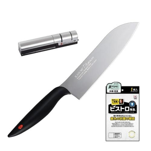 Sumikama Kasumi Santoku nůž, Vyrobeno v Japonsku, Šedý, Potažený titanem, 18 cm, 22018, Diamantová ostřička a Sada utěrek (3dílná sada)