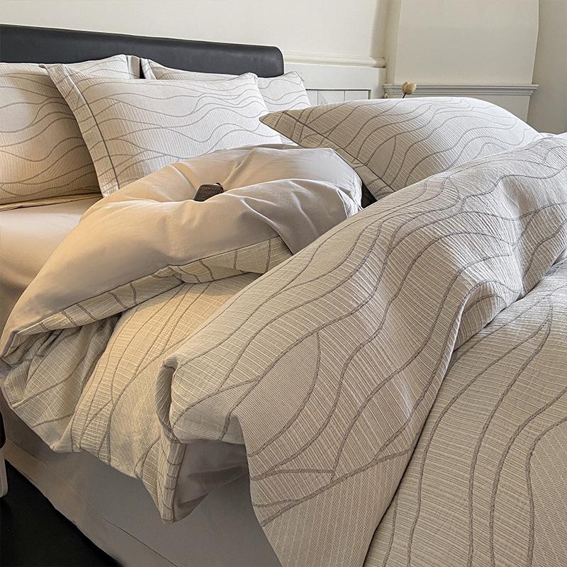 *Class A Jacquard Cotton 4-Piece Thick Flannel Wave Bedding Set, 1.8m*