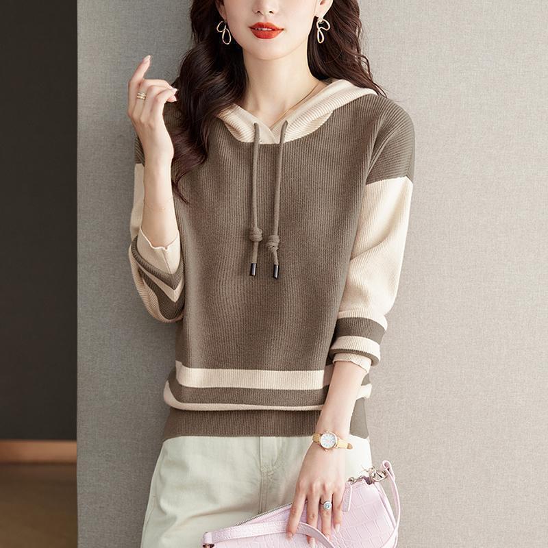 Autumn Winter Fashion Patchwork Long Sleeve Hoodies Pullovers Women's Knitting Blocking Trend Chic All-match Tops