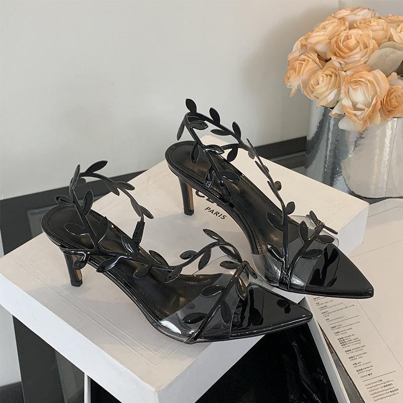 2025 Spring and Autumn New Fashion Versatile Niche Design Sense Golden Branches Jade Leaves High Heels Women's Fine Heel Open Toe One