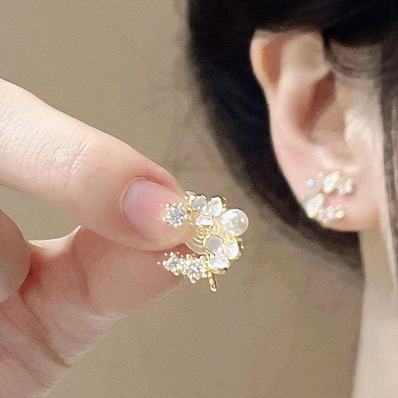 Camellia Crescent Moon Pearl Flower Ear Cuff: Elegant Stud Earrings for Women, 2024 Collection