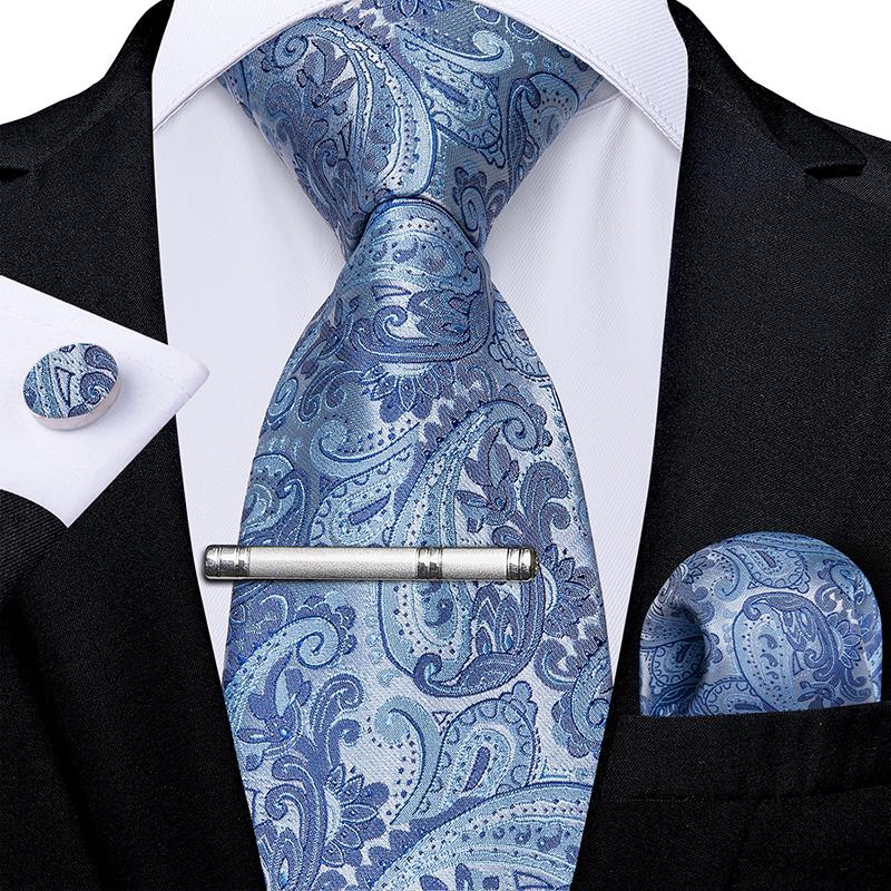 Novelty Feather Tie Gold Navy Silk Necktie Hanky Cufflinks Tie Clip Set for Men Business Party