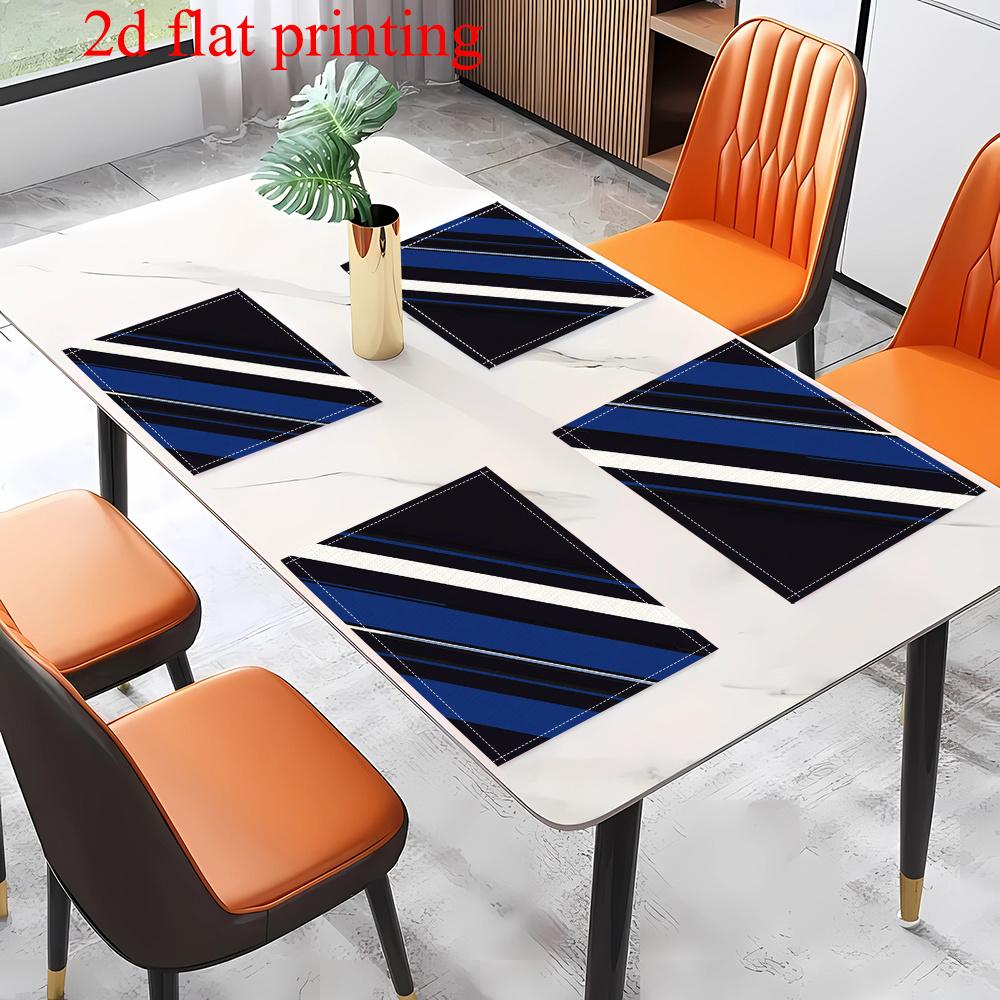 4pcs 2D FLAT Digital Print Placemats, Blue, White, and Black Diagonal Stripe Pattern Printed Placemats, to Make Your Dining Room More Beautiful,