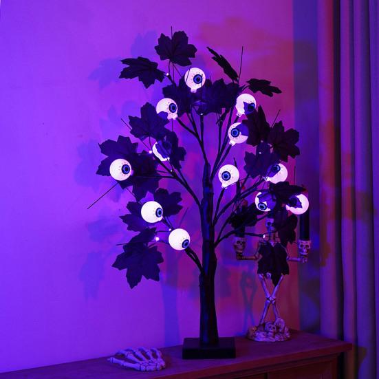 24 Inches Halloween Tree with Light LED Glowing Tree with Ghost/Pimpkin/Eyeball Light for Indoor Home Table Decor