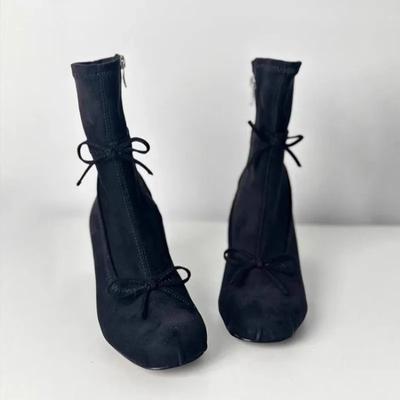 Niche Design Suède Skinny Laarzen Dames 2025 Nieuw Strik Blokhak Rits aan de Zijkant Kleine Enkellaarsjes
