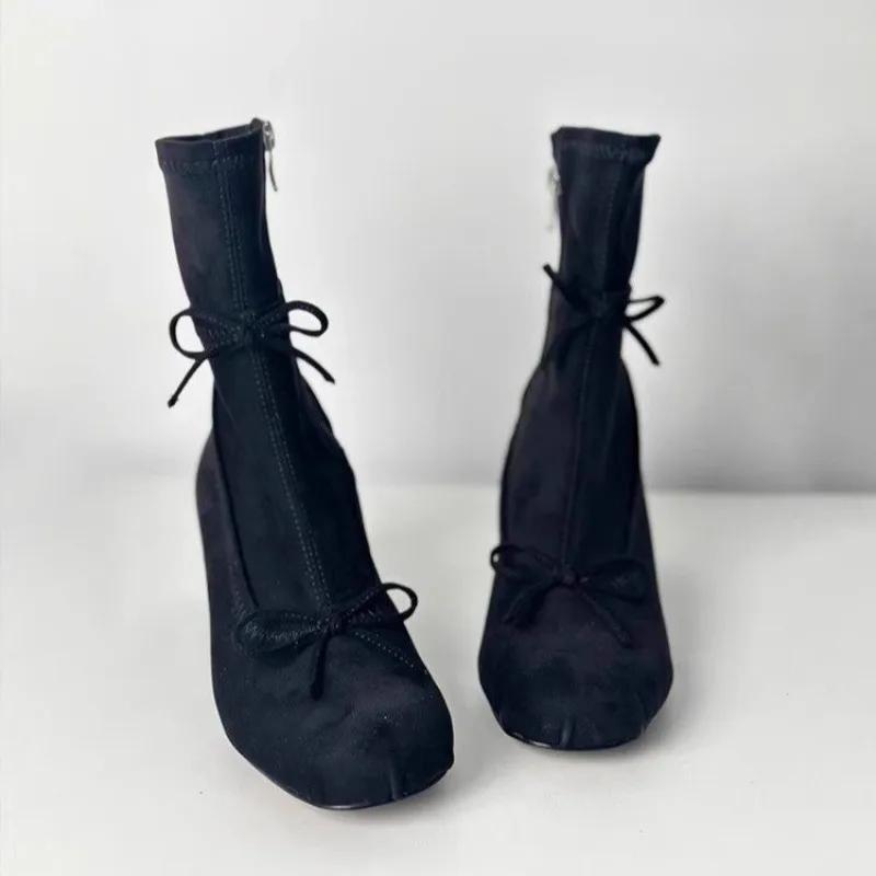 Fashion Niche Design Suede Skinny Boots Women's 2025 New Bow Block Heel Side Zipper Small Booties