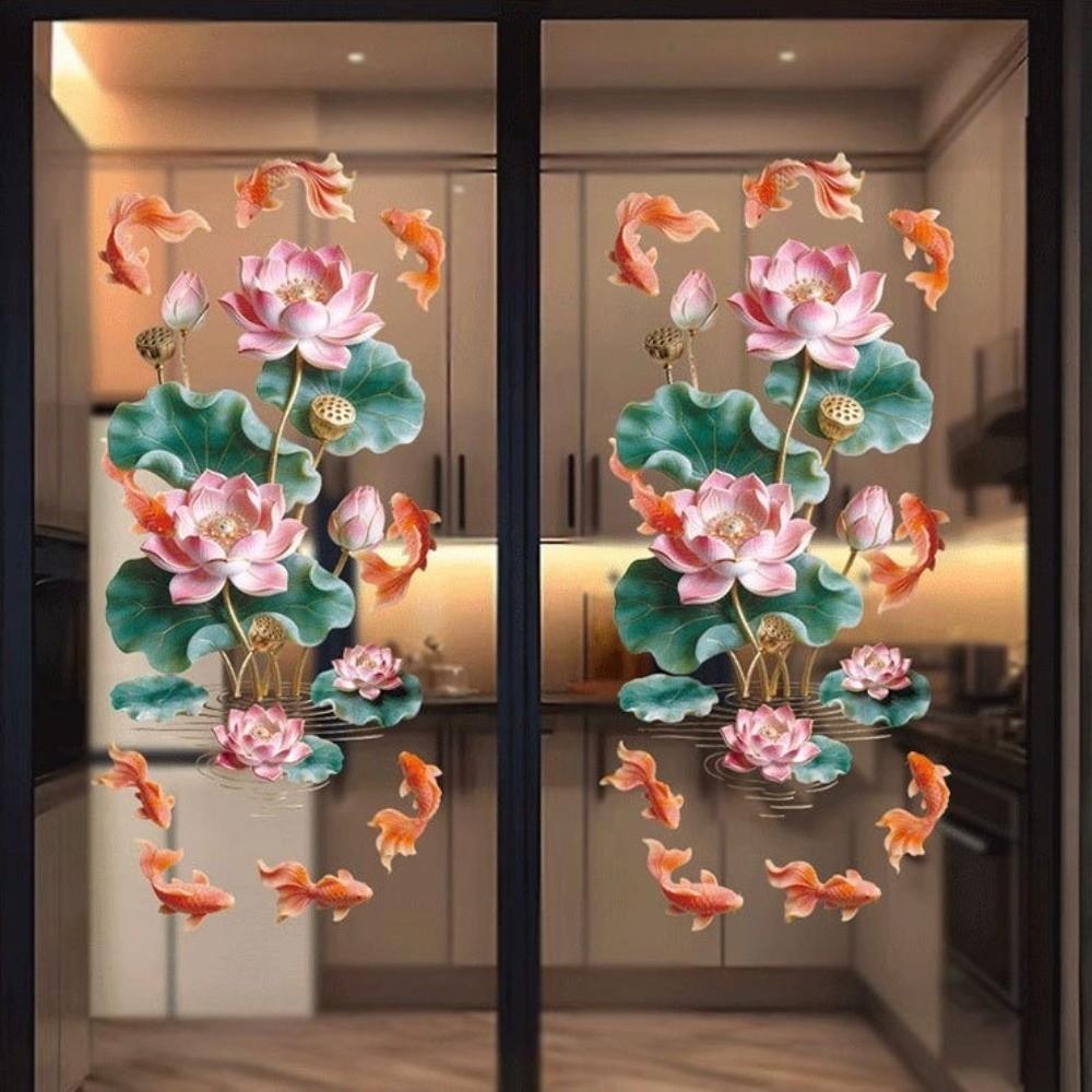 Anti Static Flower Koi Sticker PVC Semi Transparent Golden Lotus Wall Sticker Waterproof 3D Effect Window Decoration Sticker