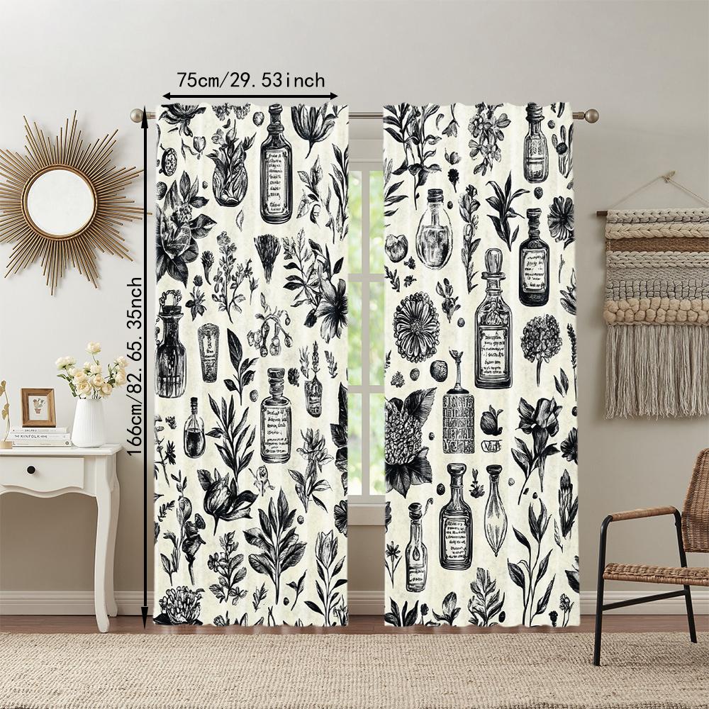 2 Pcs, Versatile Polyester Transparent Curtains for Home Decoration Black and White Floral Pattern for Use In Bedrooms and