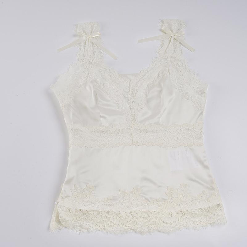 Y2K Retro Back Satin Wide Shoulder Strap V-neck Base Lace Patchwork Sleeveless Camisole Vest
