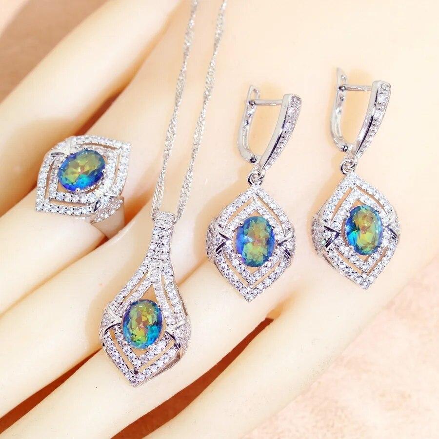 

AAA Радужный Цвет Циркон Серебро 925 Ювелирные Наборы Свадебные Серьги Для Женщин Кольцо Подвеска Ожерелье Комплект Свадебных Ювелирных Изделий Подарок