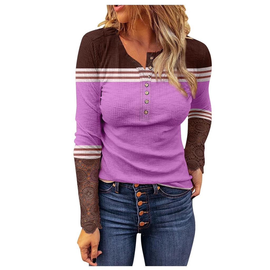 Women Fashion Patchwork Printing Lace Long Sleeve Casual Button Pullover Sweatshirt Top
