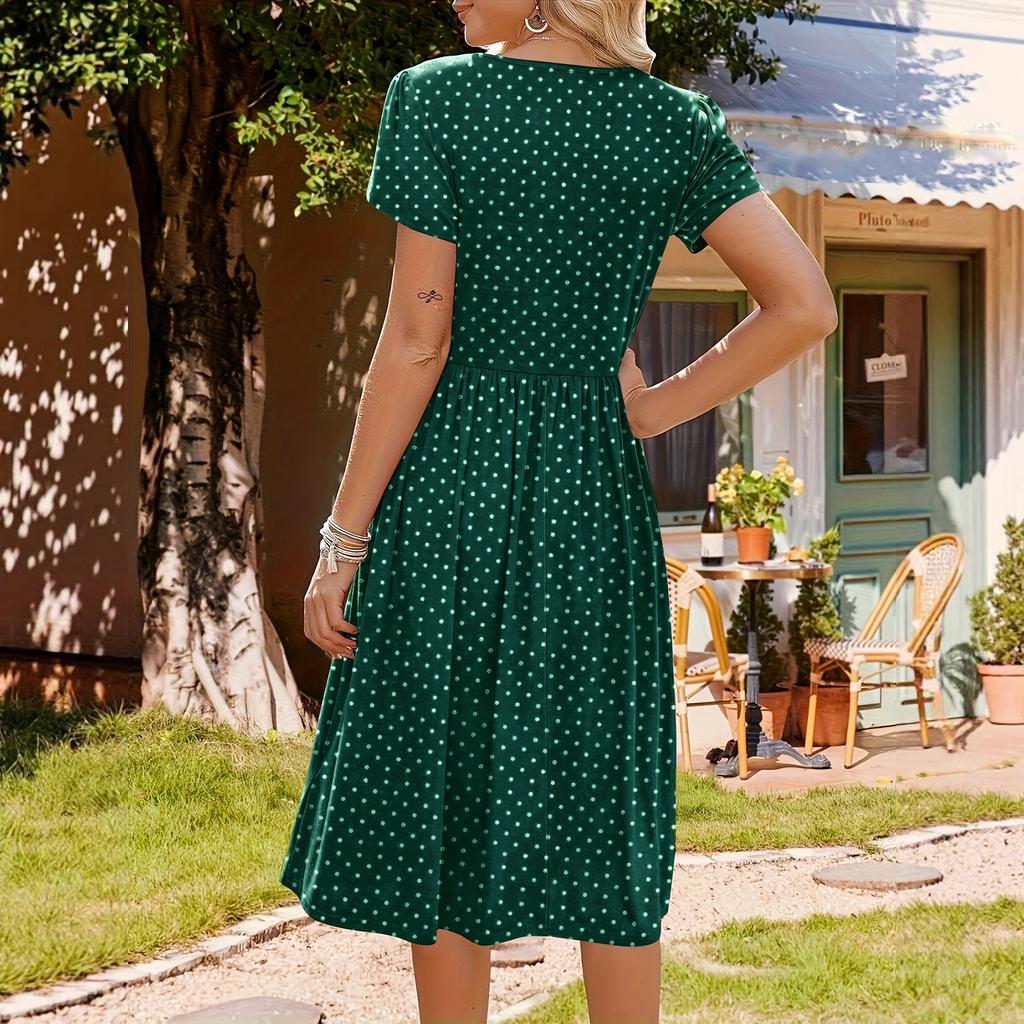 Abito midi da donna a maniche corte a pois con scollo rotondo e tasche, casual, vestibilità ampia, abito estivo per uso quotidiano