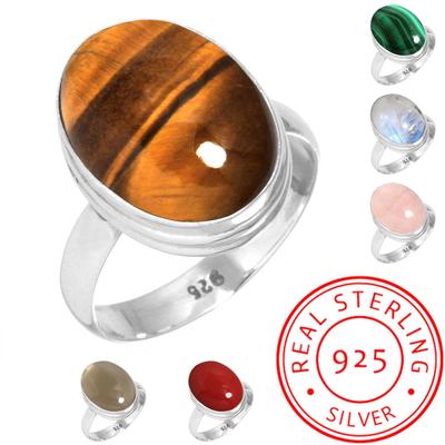 925 Sterlingsilber Ring Damen Edelstein Handgefertigter Schmuck Muttertagsgeschenk Malachit Mondstein Rosenquarz Roter Stein Rauchtopas Tigerauge Vintage