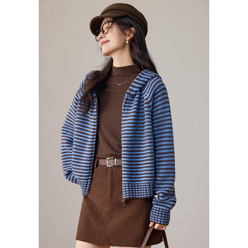 VICTORIA&VERA Women's Striped Hooded Zip-Up Knit Cardigan