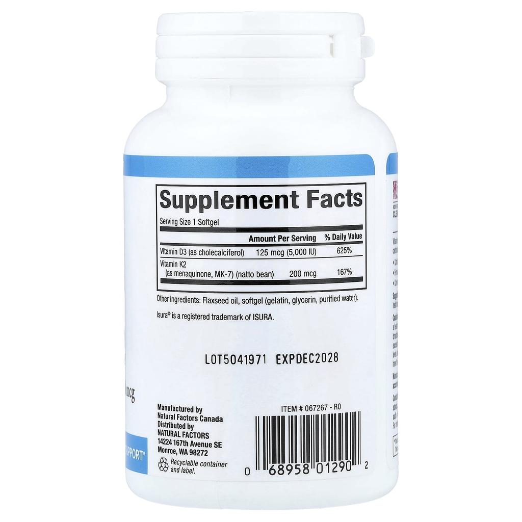 Natural Factors Vitamin D3 & K2, 200 Softgels
